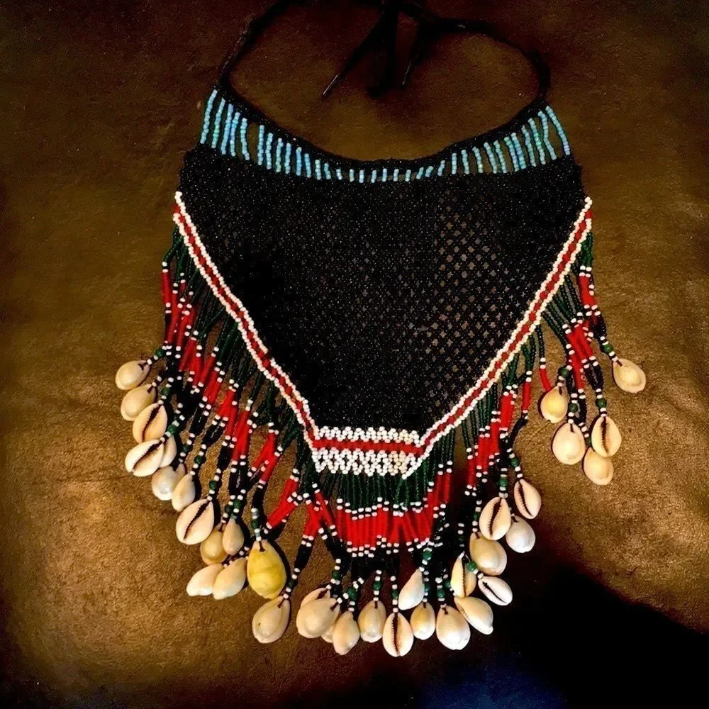 Vintage 60’s tie beaded dance skirt necklace or wall hanging cowrie shell bead